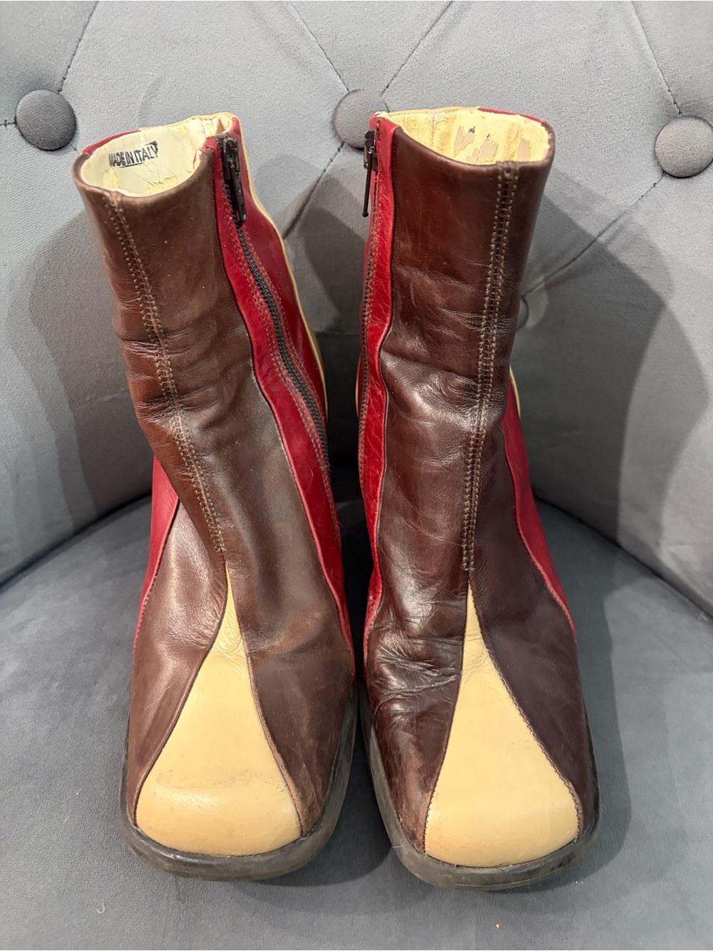 Vintage Aldo Brown, Red & Cream Colorblock Leather Ankle Boots (see pics)